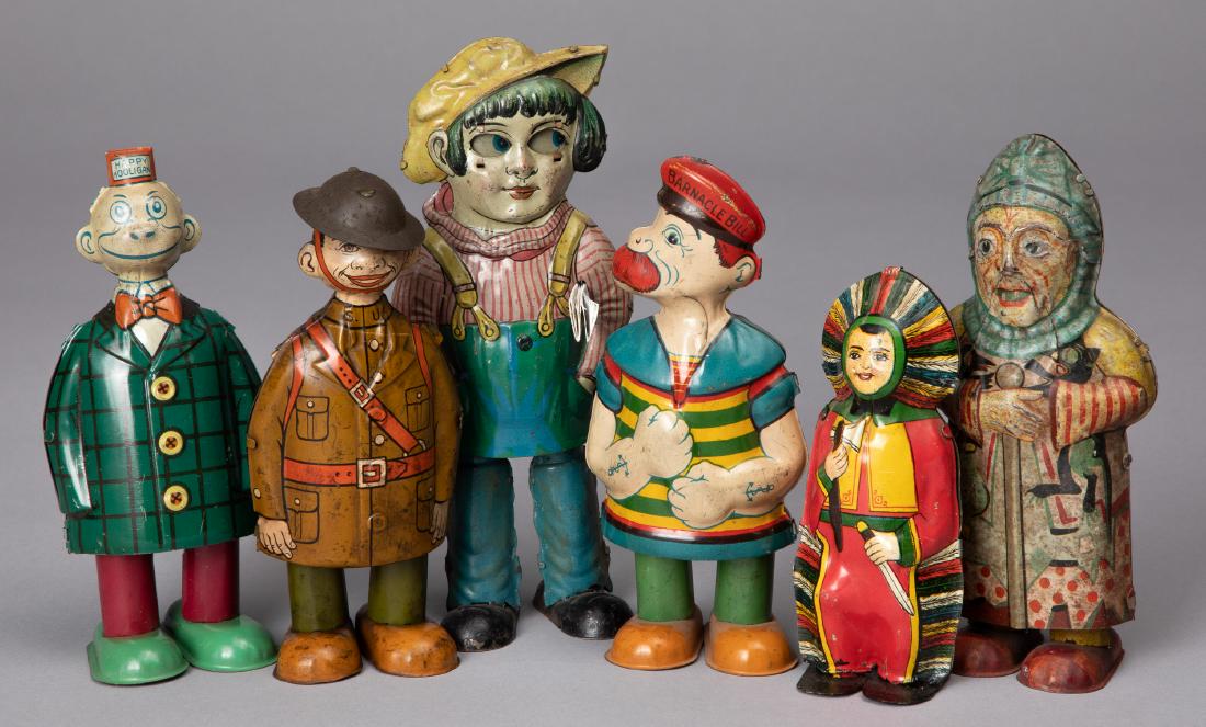 Six tin lithograph wind-up walkers: Six tin lithograph wind-up walkers, to include a German boy with a newspaper, Happy Hooligan, Doughboy, Native American Indian, Barnacle Bill, etc.