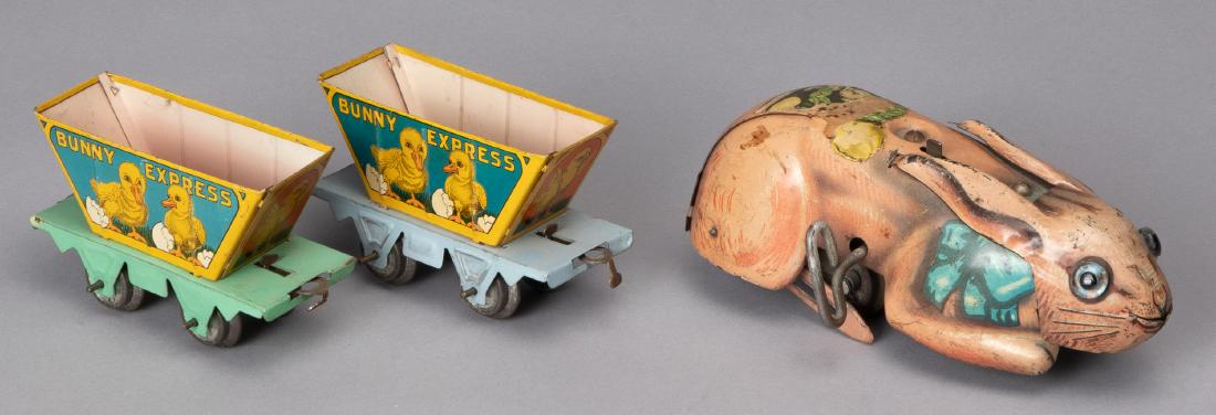 Marx tin lithograph wind-up Bunny Express train: Marx tin lithograph wind-up Bunny Express train, with two cars.