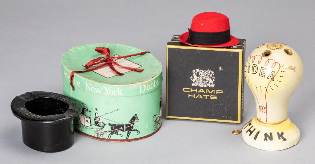 Three miniatures: Three miniatures, to include a chalkware figure General Electric Idea lightbulb pencil holder, 5 1/2'' h., a Champs hat in the original box, a Dobbs ashtray and a Dobbs hat box.