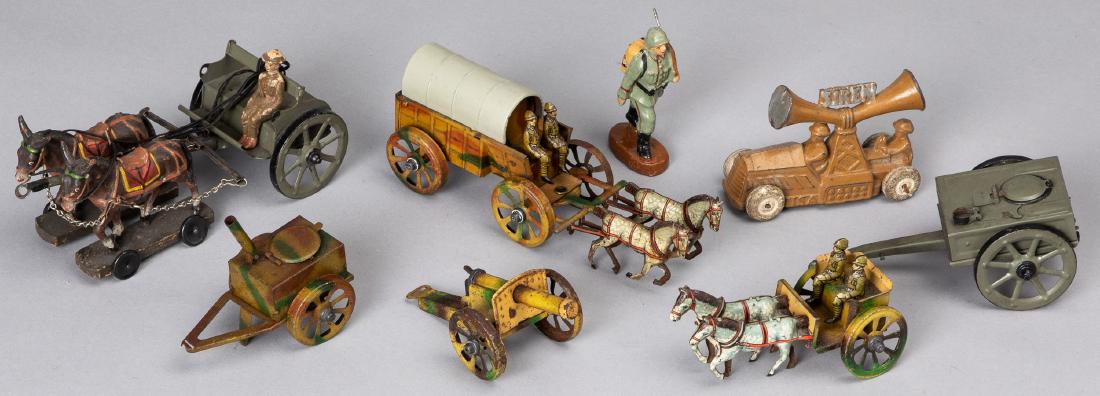 Group of German tin and composition military toys: Group of German tin and composition military toys, to include Lineol, together with a Barclay siren car, longest - 6 1/2''.