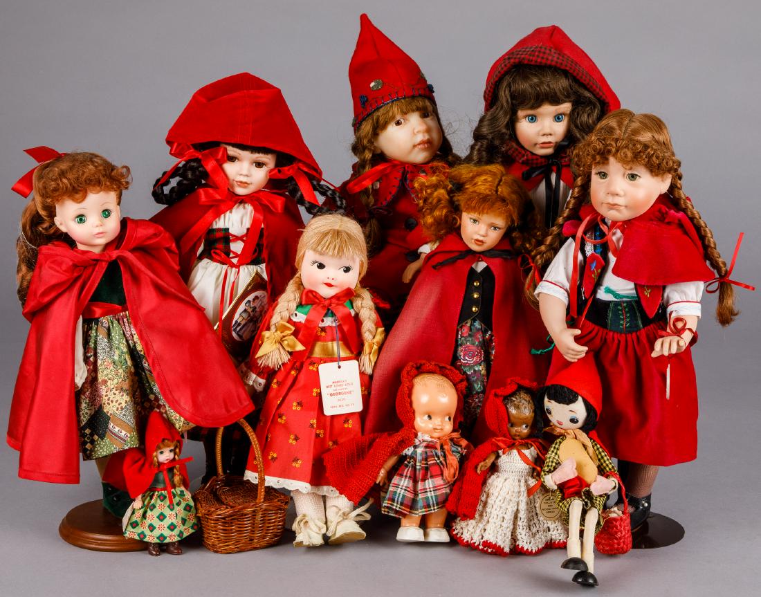 Contemporary Little Red Riding Hood dolls: Large group of contemporary Little Red Riding Hood dolls, to include Geppetto, Georgene, Susan Keen, Julie Good-Kruger, Madame Alexander, Robert Tonner, etc., tallest - 19''.