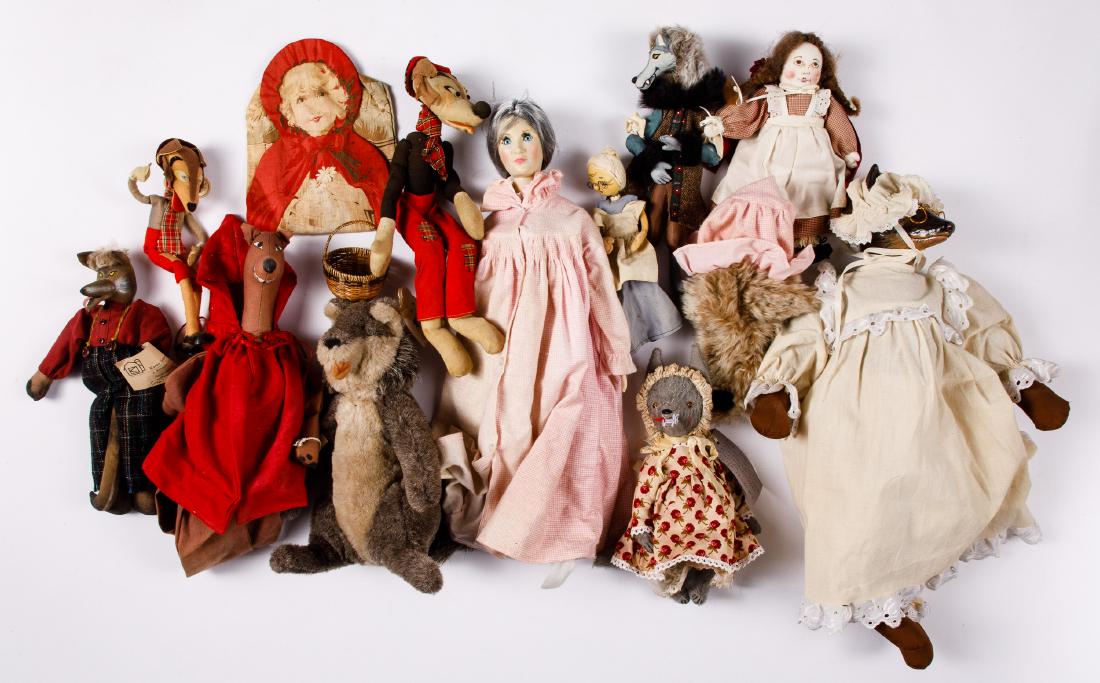 Collection of Big Bad Wolf dolls: Collection of Big Bad Wolf dolls, to include Suzanne Gibson 1981, Nancy Wiley, Michele Usher, Dream Dolls, Sasha Pokrass, Orma Doll, etc., tallest - 20''.