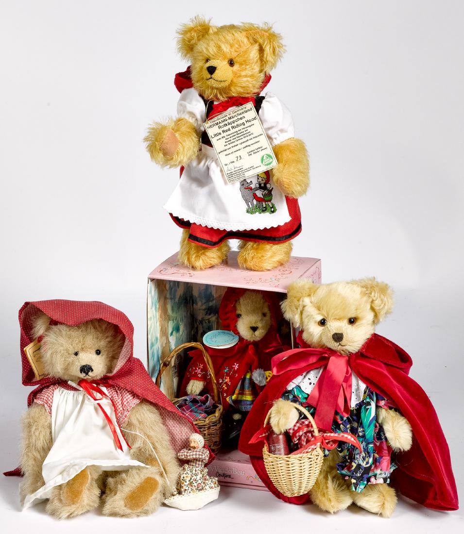 Four Little Red Riding Hood bears: Four Little Red Riding Hood bears, to include two Martin Hermann, Lynne Flukes, and Muffy Vanderbear, tallest - 12 1/2''.