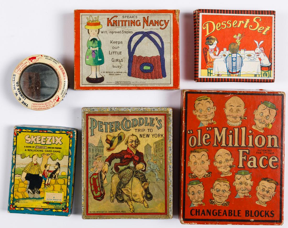 Small games and character toys: Small games and character toys, to include an Andy Gump advertising mirror/brush, Skeezix card game, Dessert Set glass doll set, Spear's Knitting Nancy, Peter Coddles trip to New York, and Ole Million