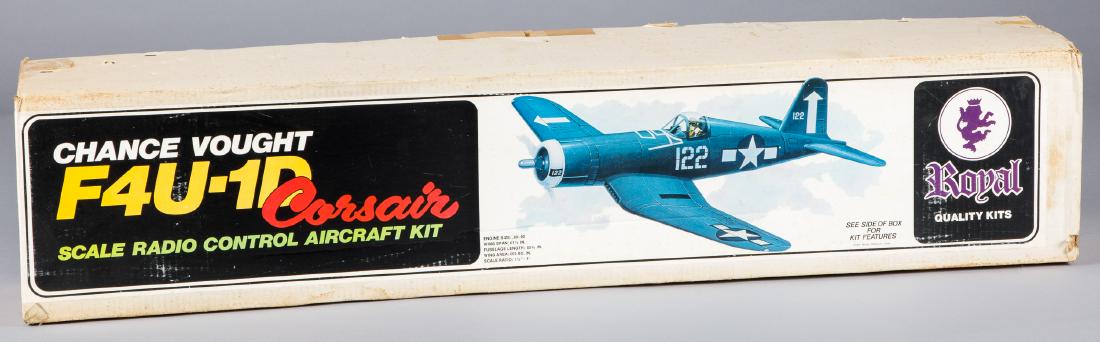 Two vintage boxed Royal radio controlled airplane kits: Two vintage boxed Royal radio controlled airplane kits, 1976, Chance Vought F4U-1D Corsair, unbuilt, 61 1/2'' wingspan.