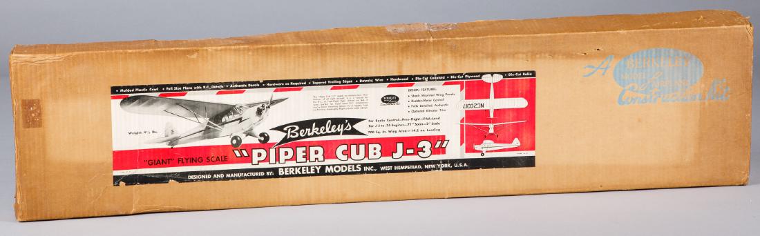 Three Berkeley Model radio controlled and body kits: Three Berkeley Model radio controlled and body kits, to include Steve Whitman's Buster radio controlled airplane kit, a Piper Cub J-3 radio control kit and a balsa body P-38 Lightning Controliner, unb