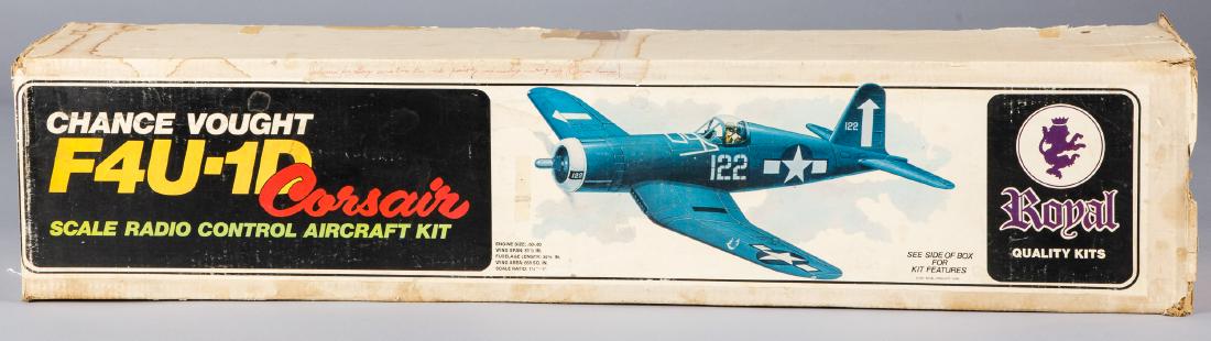 Vintage boxed Royal radio controlled airplane kit: Vintage boxed Royal radio controlled airplane kit, 1976, Chance Vought F4U-1D Corsair, unbuilt, 61 1/2'' wingspan.
