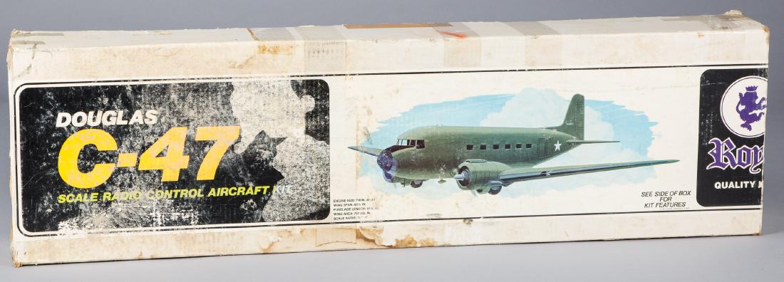 Vintage boxed Royal radio controlled airplane kit: Vintage boxed Royal radio controlled airplane kit, 1976, Douglas C-47, unbuilt, 83 1/8'' wingspan.