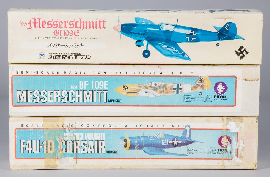 Two vintage boxed radio controlled airplane kits, etc.: Two vintage boxed Royal radio controlled airplane kits, 1978, mini size, to include a BF 109E Messerschmitt, 35 1/2'' wingspan, a Chance Vought F4U-1D Corsair, 35 1/2'' wingspan, together with a Japan