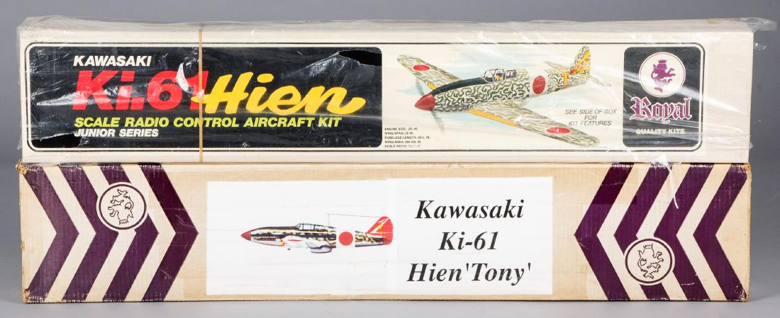 Two vintage boxed radio controlled airplane kits: Two vintage boxed Royal radio controlled airplane kits, 1976, junior series Kawasaki Ki-61 Hein Tony, unbuilt.