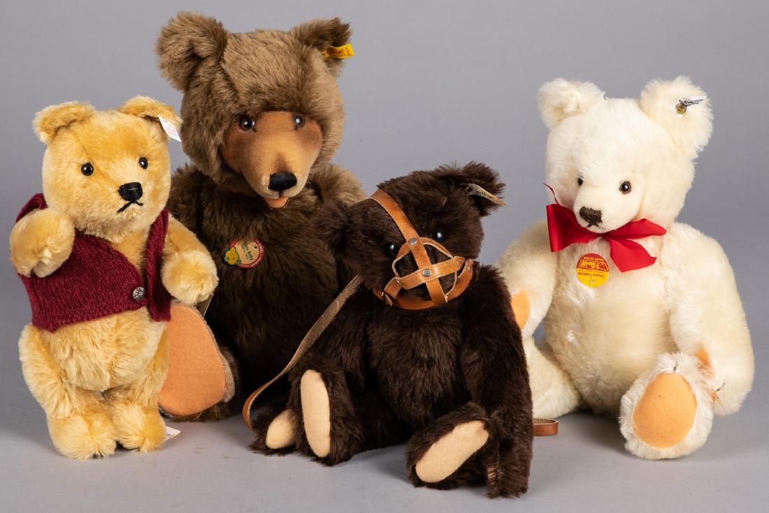 Four Steiff mohair teddy bears: Four Steiff mohair teddy bears, with ear buttons and ribbons, to include three limited editions, tallest - 16''.
