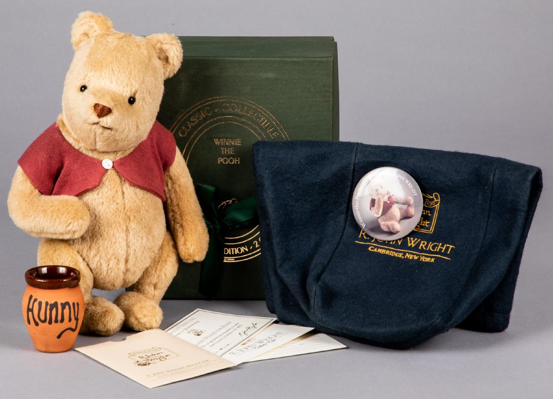 Winnie the Pooh teddy bear: John Wright Classic mohair Winnie the Pooh teddy bear, with the original box, bag and paperwork, 12'' h.