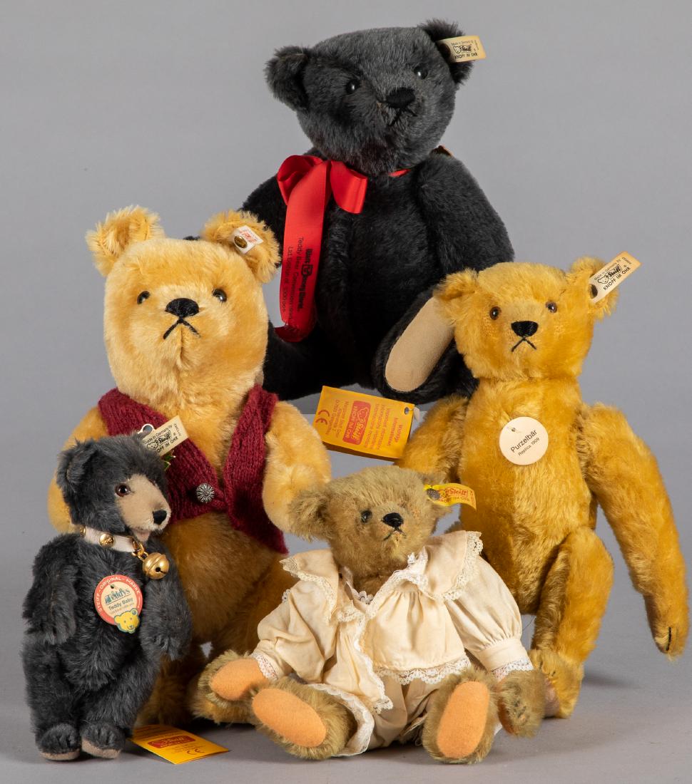 Five Steiff mohair teddy bears: Five Steiff mohair teddy bears, with ear buttons and ribbons, to include four limited editions, tallest - 10''.
