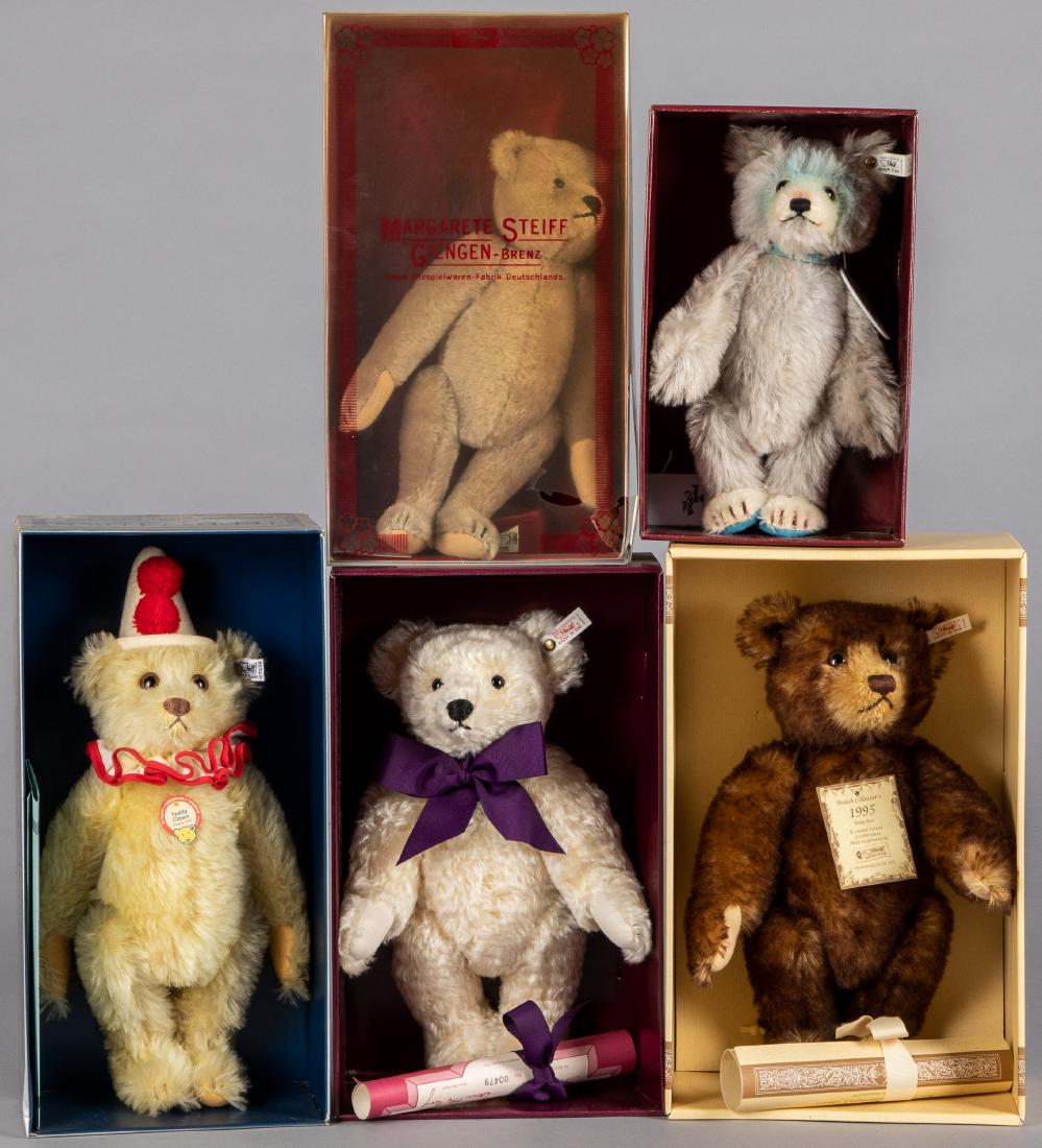 Five Steiff mohair teddy bears: Five Steiff mohair teddy bears, in the original boxes, to include teddy baby 1929, Charlotte, teddy clown, British brown tipped 35, etc., tallest - 14''.