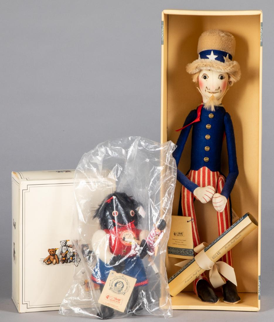 Two Steiff dolls: Two Steiff dolls, in the original boxes, to include a 1904 Uncle Sam, 19'' h. and a Molly Golli and Peg.