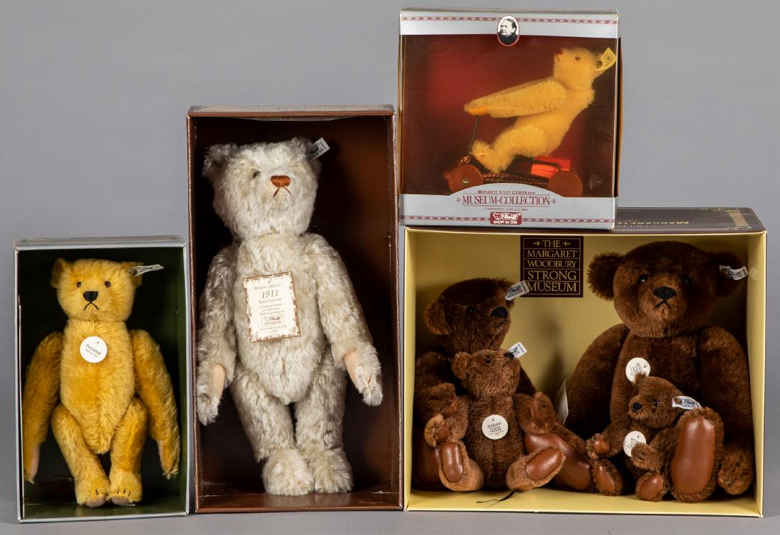 Four Steiff mohair teddy bears: Four Steiff mohair teddy bears, in the original boxes, to include limited and premier editions, Record bear with Irish mail, Somersault, British 1911 replica, and Margaret Strong Chocolate Brown bear 