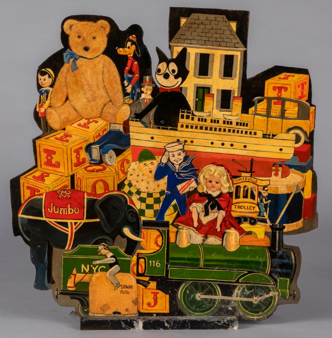 Hand painted on masonite toy collage: Hand painted on masonite toy collage, to include teddy bears, trains, Disney, dolls, etc., 24'' h., 23'' w.