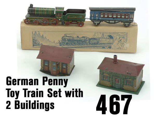 German Penny Toy Train Set with 2 Buildings: embossed lithographed tin, near mint train with box along with unusual near scale station and cottage train 6.75" l.