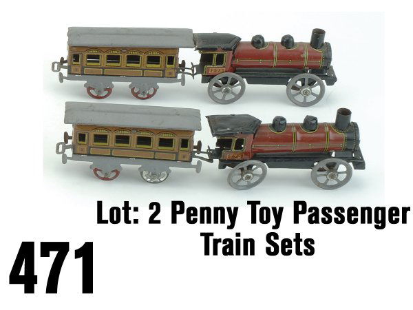 Lot: 2 Penny Toy Passenger Train Sets: embossed lithographed tin, identical sets with # 275 loco and 1 dual class coach each train 7.5" l.