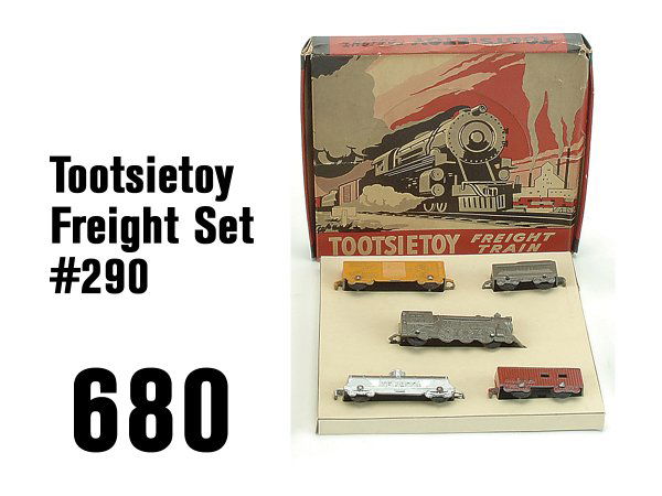 Tootsietoy Freight Set #290: painted die cast metal - 5 piece set in above average condition with colorful box and insert, includes 'Cracker Jack' box car box 7" x 6"