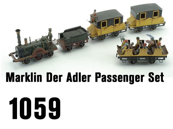 Marklin Der Adler Passenger Set: wonderful commemorative set circa 1930's celebrating Marklin's many years of toy train production, electric powered early style engine with hand painted tender, 1 open coach and 2 closed coaches and a