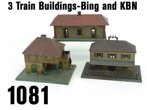 Lot: 3 Train Buildings-Bing and KBN: lithographed and painted tin, Bing station and cottage (missing front fencing and KBN building with embossed roof largest 9.75" l.