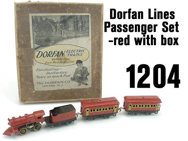 Dorfan Lines Passenger Set-red with box: American steam profile electric 0-4-0 loco (missing side rods), 4 wheel tender, Boston and observation coaches(paint wear and chipping esp. to Boston roof) e & t-11.5" l., cars 6" l.