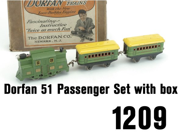 Dorfan 51 Passenger Set with box: electric outline 0-4-0 electric engine and 5402 Franklin and 5402 Jefferson coaches (end door frames with rust, 5402 with rust and discoloring to area surrounding door frame on 1 end) appr. 7" l. ea.
