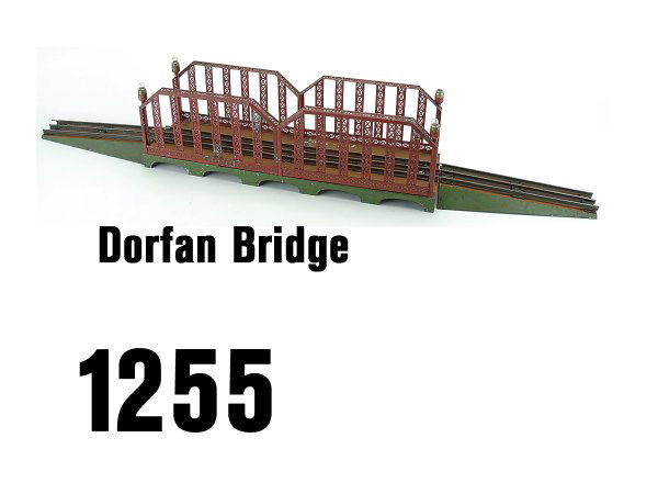 Dorfan Bridge: painted tin 3 piece double camelback trestle bridge for wide gauge train 56" l.