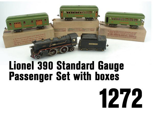 Lionel 390 Standard Gauge Passenger Set with boxe: American steam profile 2-4-2 electric engine with Bild-A-Loco motor (missing side rods), 8 wheel tender, and 310 baggage, 309 Pullman and 312 observation (all cars with appropriate with boxes; some wi