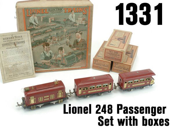 Lionel 248 Passenger Set with boxes: electric outline 248 electric engine, 629 Pullman, 630 observation, all with appropriate interior boxes and instruction booklet appr. 7" l. ea.
