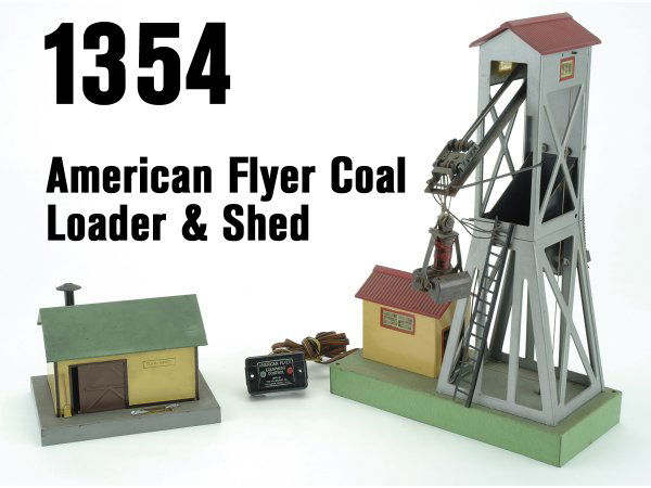 Lot: American Flyer Coal Loader & Shed: both AF mfd. by A.C. Gilbert Co.-Seaboard coal loader and tool shed(glue residue on shed base label where something was added) loader 16" t.
