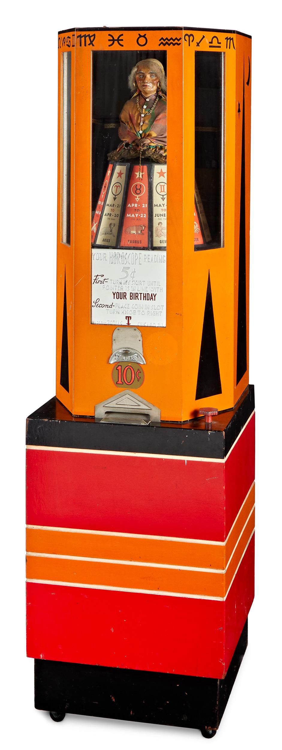 Peerless Grandma Fortune Teller horoscope machine: Peerless Weighing and Vending Machine Corp., Grandma Fortune Teller horoscope dime machine, mid 20th c., with a gypsy over a rotating paper lithograph cylinder, 75 1/4'' h., 21'' w.