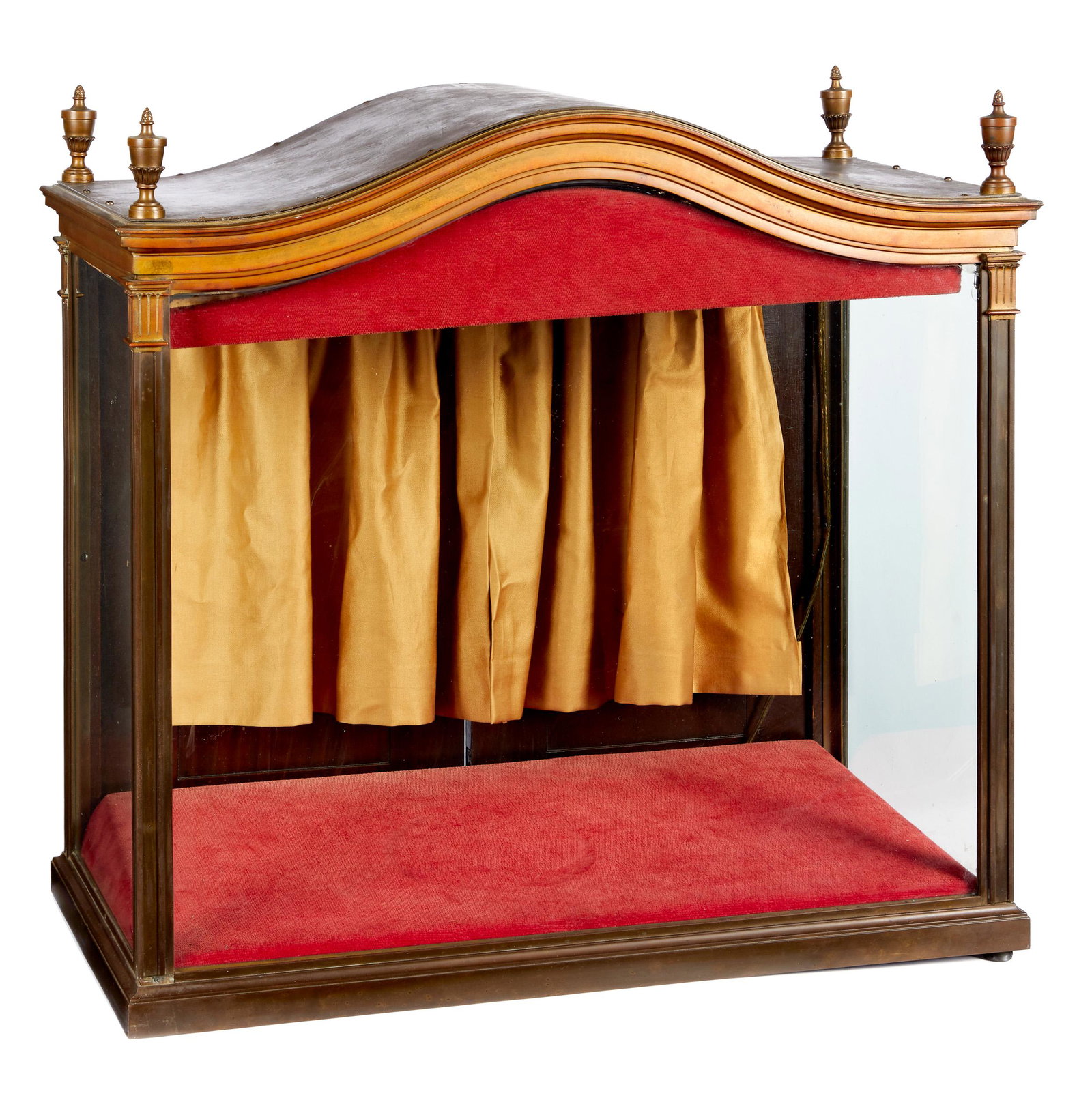 Bronze and wood puppet stage showcase, ca. 1900: Bronze and wood puppet stage showcase, ca. 1900, the interior with curtain back drop and velour lining, 26 1/2'' h., 26 3/4'' w., 14 1/4'' d.