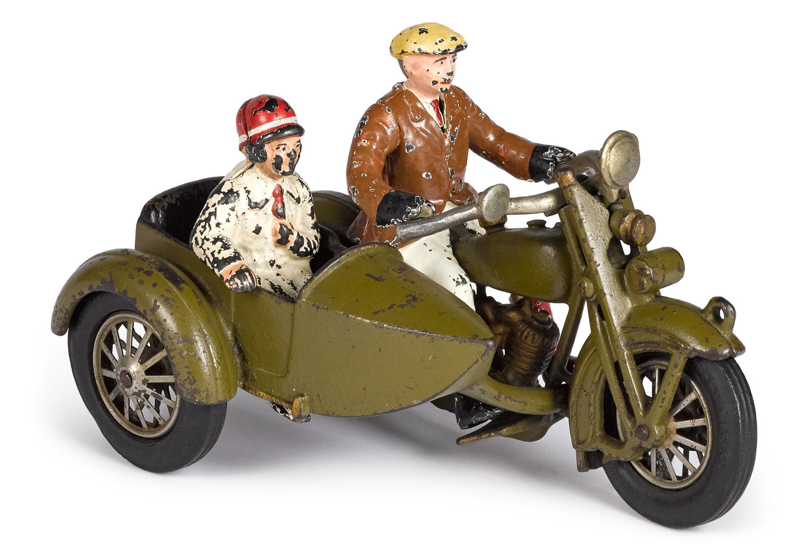 Hubley cast iron Harley Davidson motorcycle: Hubley cast iron Harley Davidson motorcycle with sidecar, with civilian driver and passenger, 9'' l. Provenance: Collection of Bill and Stevie Weart.