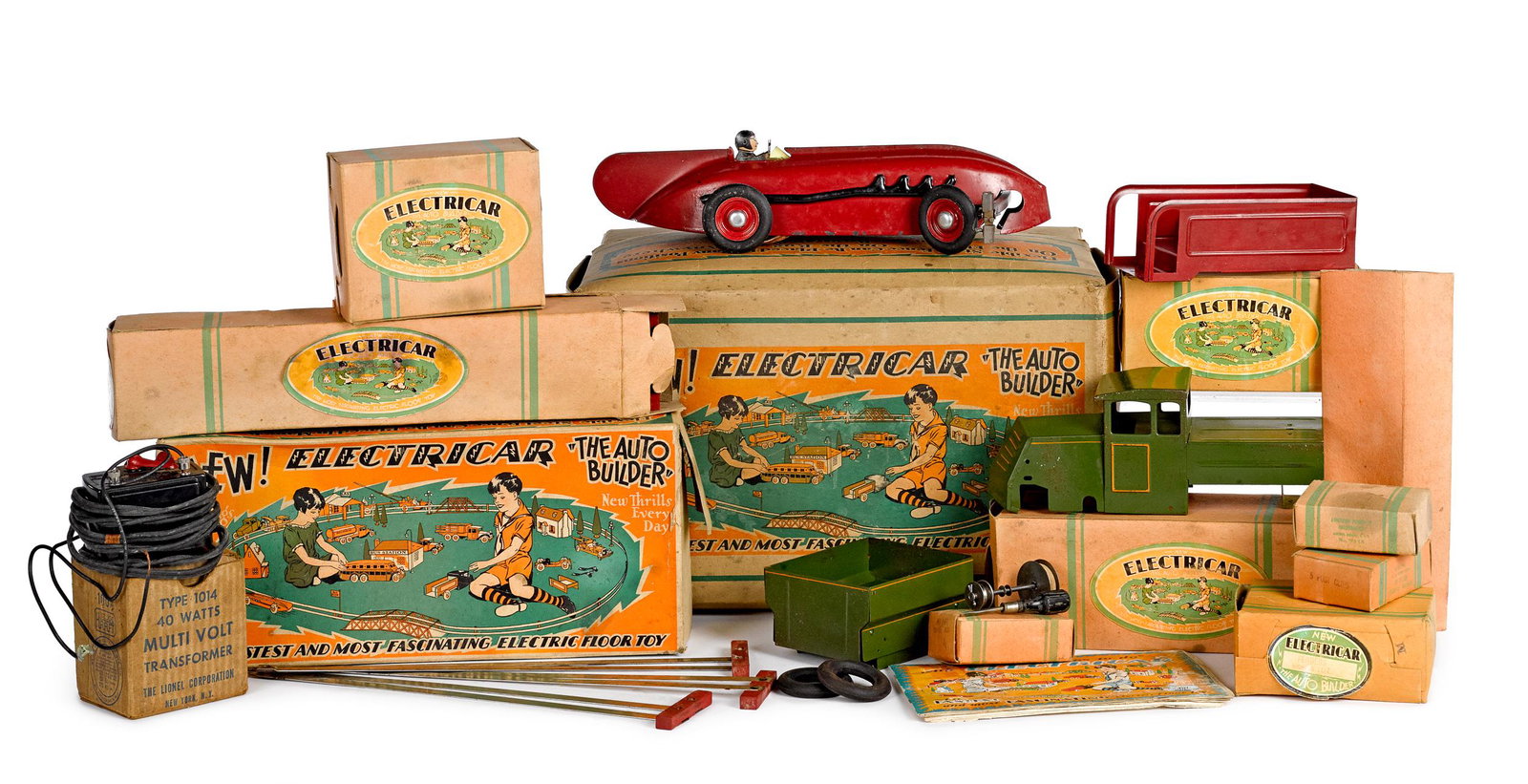 Electricar electric auto race set no. 720 w/ OB: Electricar electric auto race set no. 720, in the original box, with painted tin race car and truck body components, includes smaller interior boxes and instruction sheet, car - 14 1/2'' l.