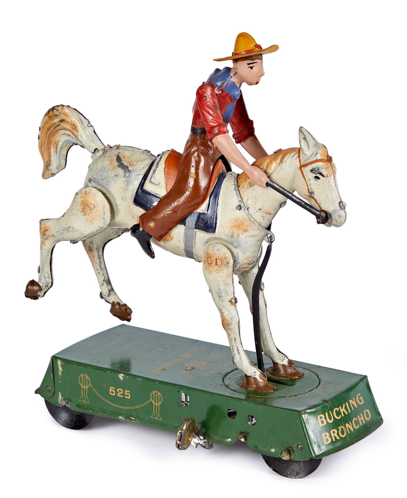 Lehmann Bucking Bronco tin wind up: Lehmann painted tin and lithograph wind-up Bucking Bronco, 6 1/4'' l.