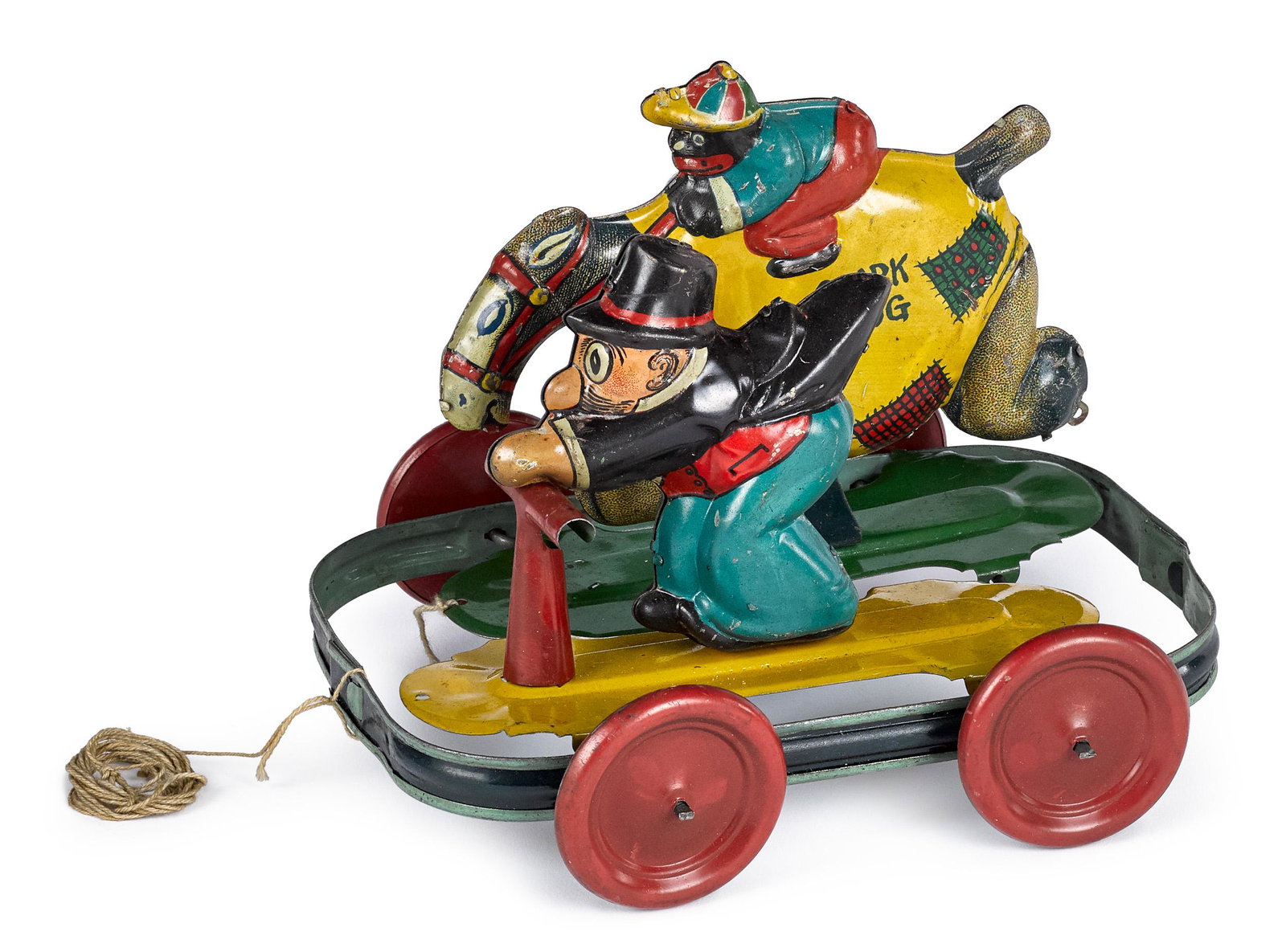 Chein Barney Google and Sparkplug pull toy: Chein tin lithograph Barney Google and Sparkplug pull toy, articulated, 1924 King Features Syndicate, 8'' l.