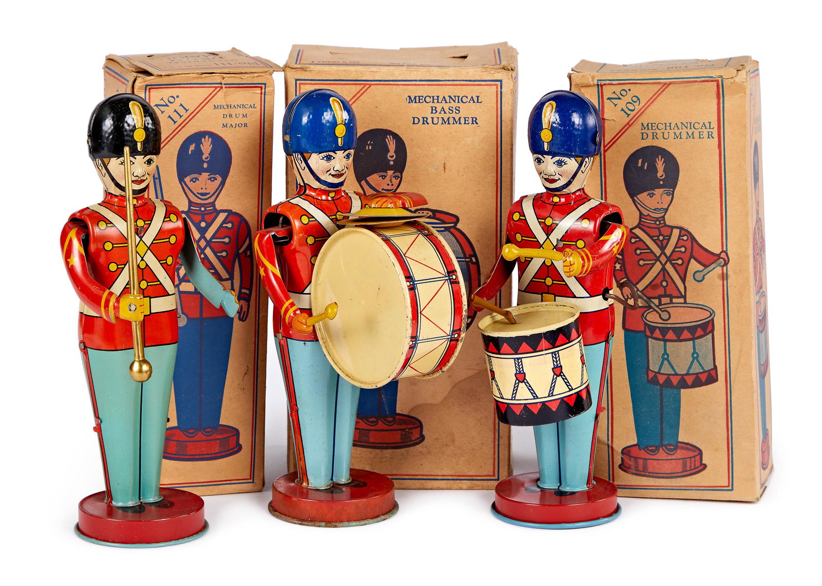 Three Chein drummers tin lithograph wind-ups: Three Chein tin lithograph wind-up drummers in the original boxes, to include #109 drummer, #110 bass drummer and #111 drum major, 8 3/4'' h.