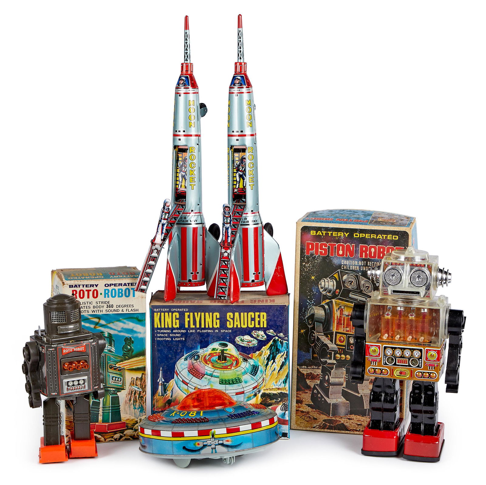 Five tin battery operated space toys: Five tin space toys, to include a Japanese battery operated Roto-Robot, in original box, 8 1/2'' h., a battery operated Piston Robot, in original box, 10 1/2'' h., a battery operated King Flying Sauce