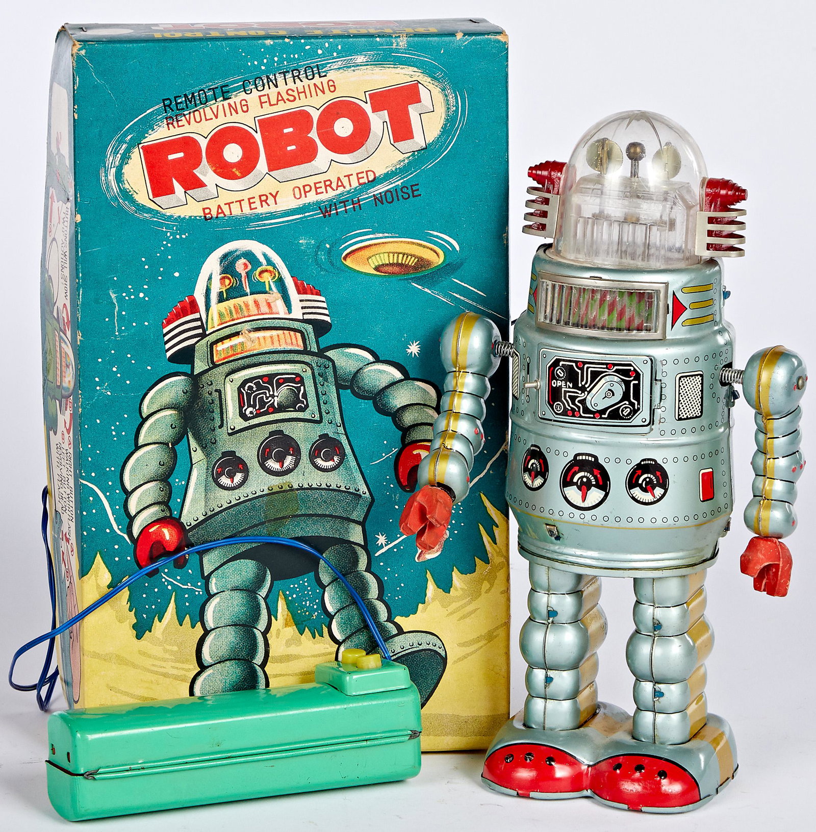 Japanese Alps remote control robot battery op: Japanese Alps tin lithograph battery operated remote control robot, with the original box, 10'' h.