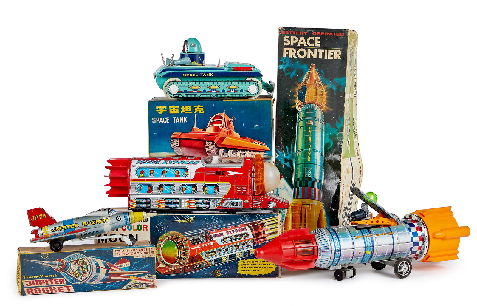 Four tin space toys, in the original boxes: Four tin space toys, in the original boxes, to include a battery operated Moon Express, made in Taiwan, 13 3/4'' l., a Japanese friction Jupiter Rocket, 9 1/2'' l., a Chinese battery operated Gyro Act