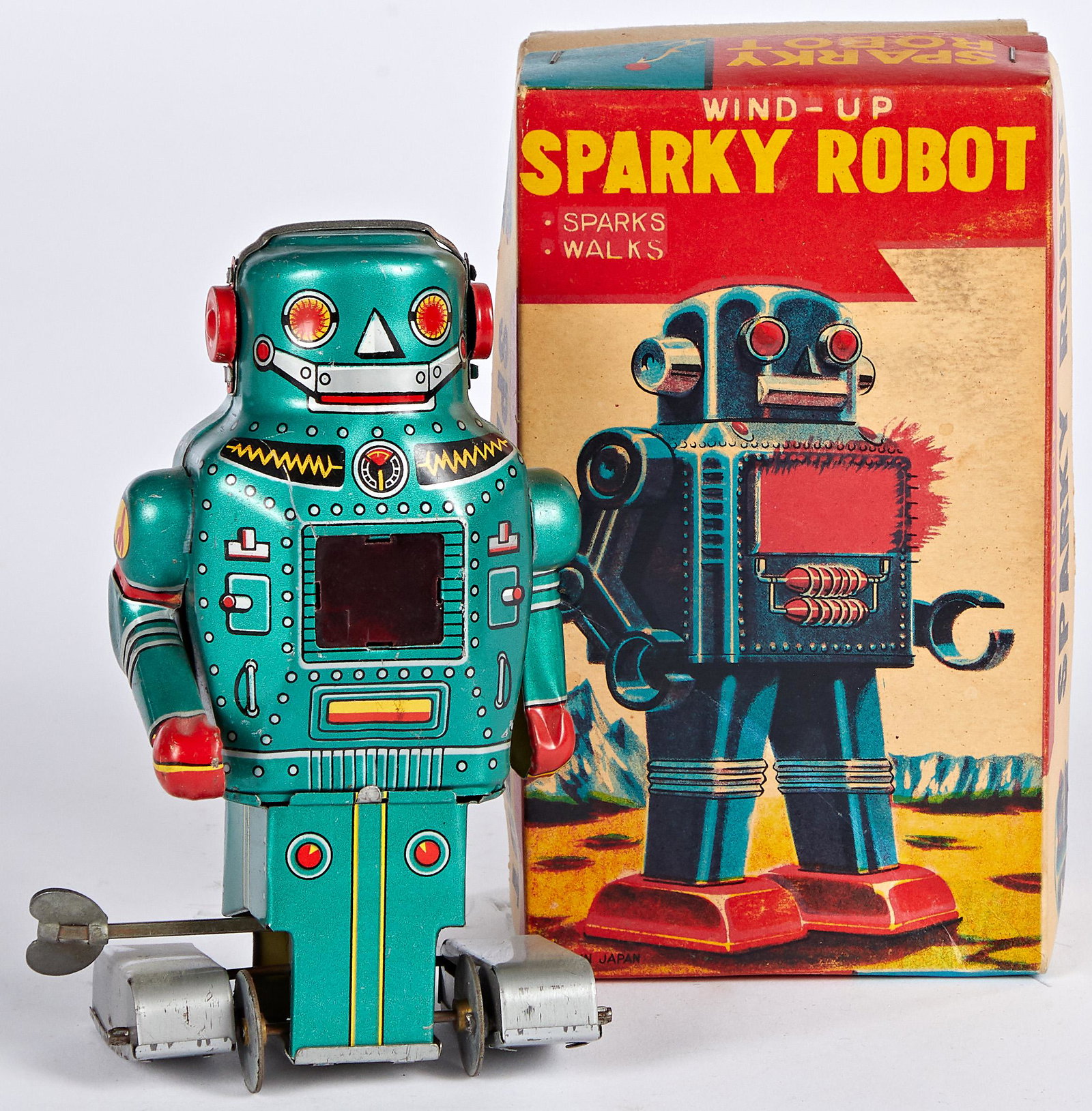 Japanese Frankonia Sparky Robot wind-up: Japanese Frankonia tin lithograph wind-up Sparky Robot, with the original box, 5 1/4'' h.