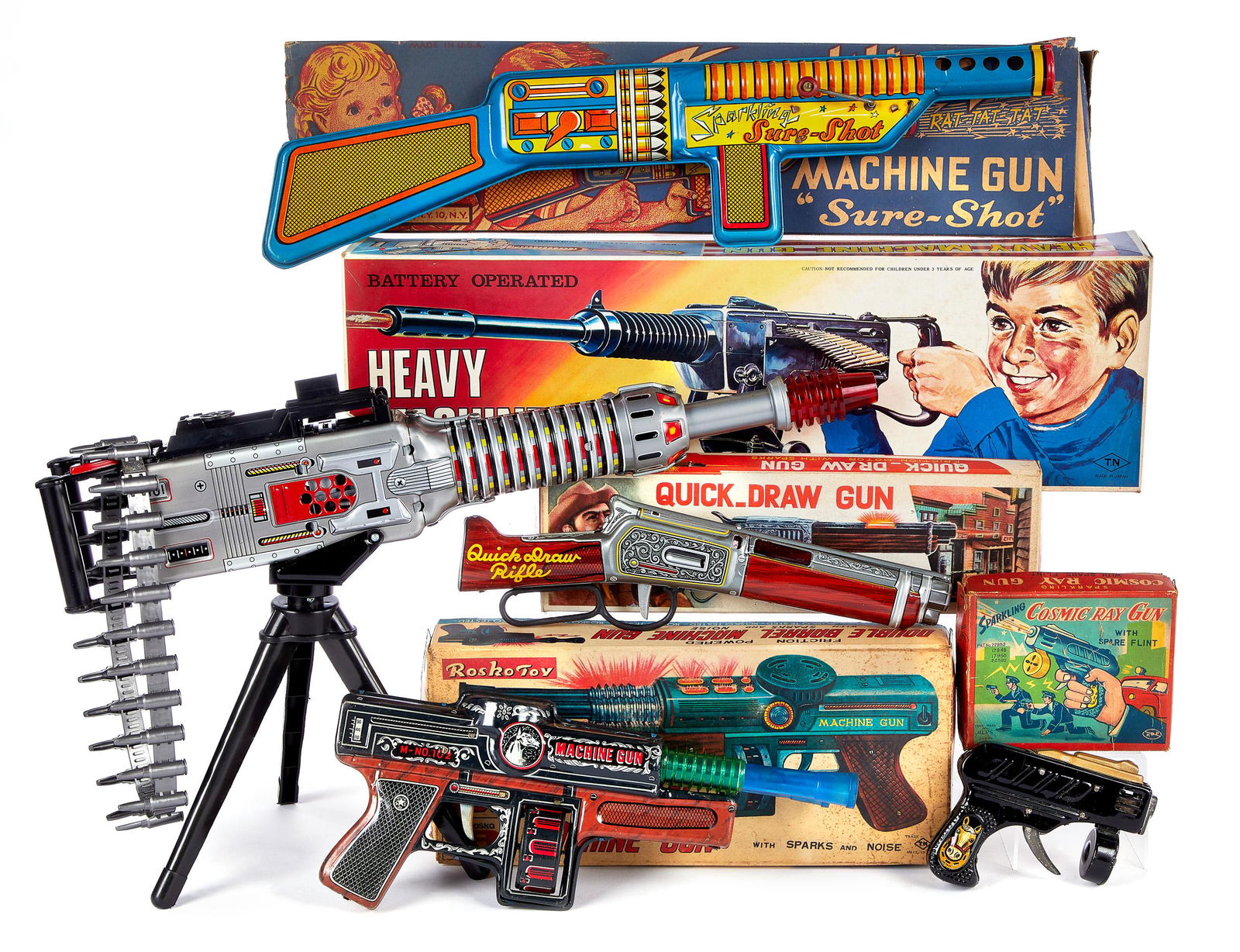 Five tin lithograph toy guns with OB: Five tin lithograph toy guns in the original boxes, to include Alps sparkling Cosmic Ray Gun, friction TN Quick Draw Gun, Rosko Double Barrel Machine Gun, T. Cohn hand crank Sparkling Machine Gun - Su