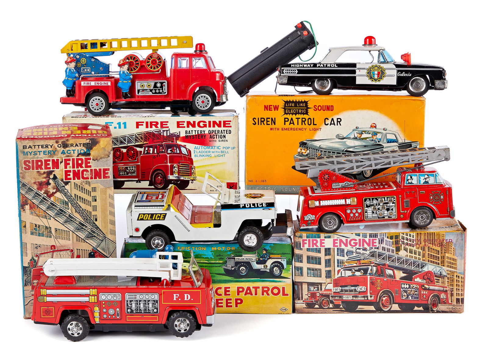 Five Japanese battery operated and friction toys: Five Japanese tin battery operated and friction toys, in original boxes, to include a F.11 Fire Engine, Yone friction Police Patrol Jeep, SH Fire Engine, Yano Man Siren Fire Engine, and a ASC Siren Pa