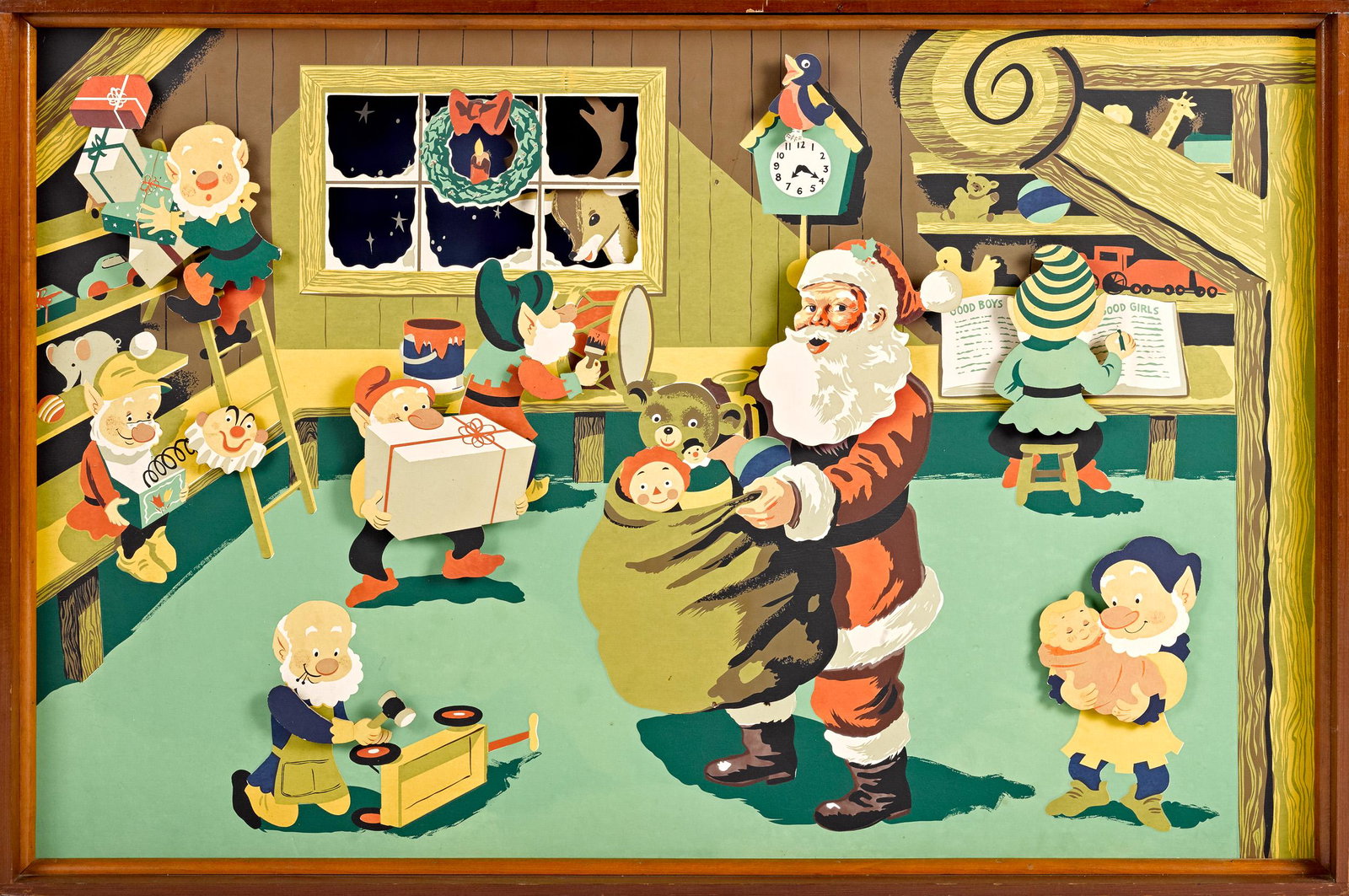 Large animated Christmas window store display: Large paper lithograph cardboard electric animated Christmas window store display, by Gregory Motors, Brooklyn, NY, with elves and Santa in the toy workshop, delivered to De Bars drug store in Strouds