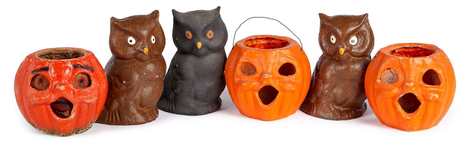 US Paper Pulp Halloween decorations: US Paper Pulp Halloween decorations, to include three singing jack-o-lanterns and three owl figures, tallest - 6 3/4''.