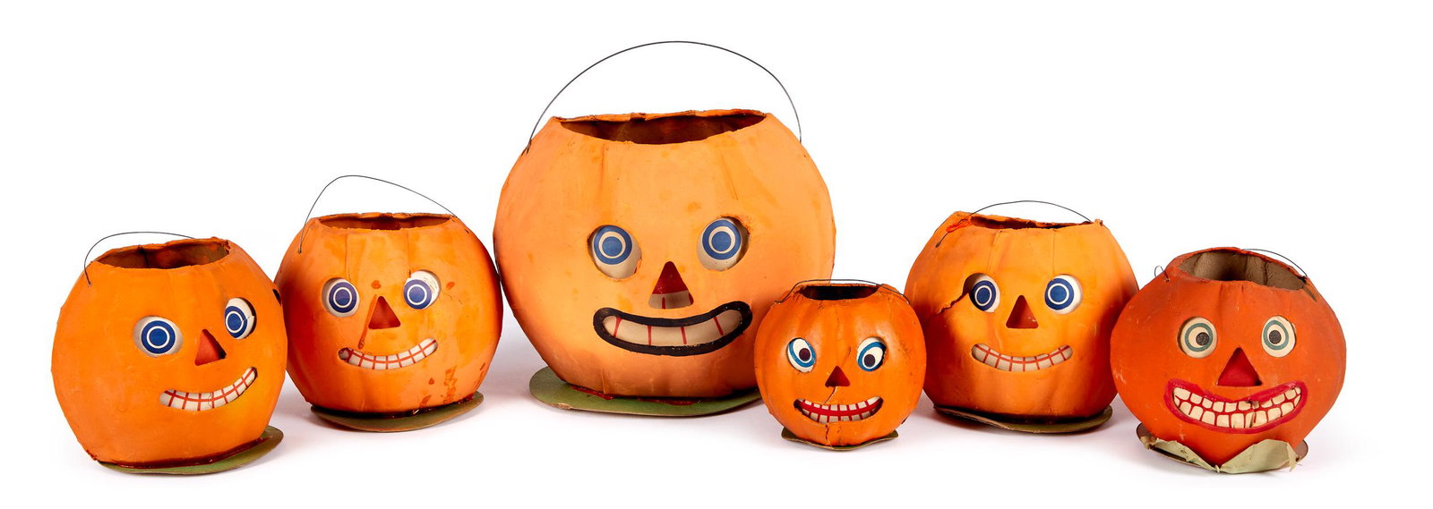 Six German cardboard Halloween lanterns: Six German cardboard Halloween lanterns, with paper facial inserts, largest - 8''.