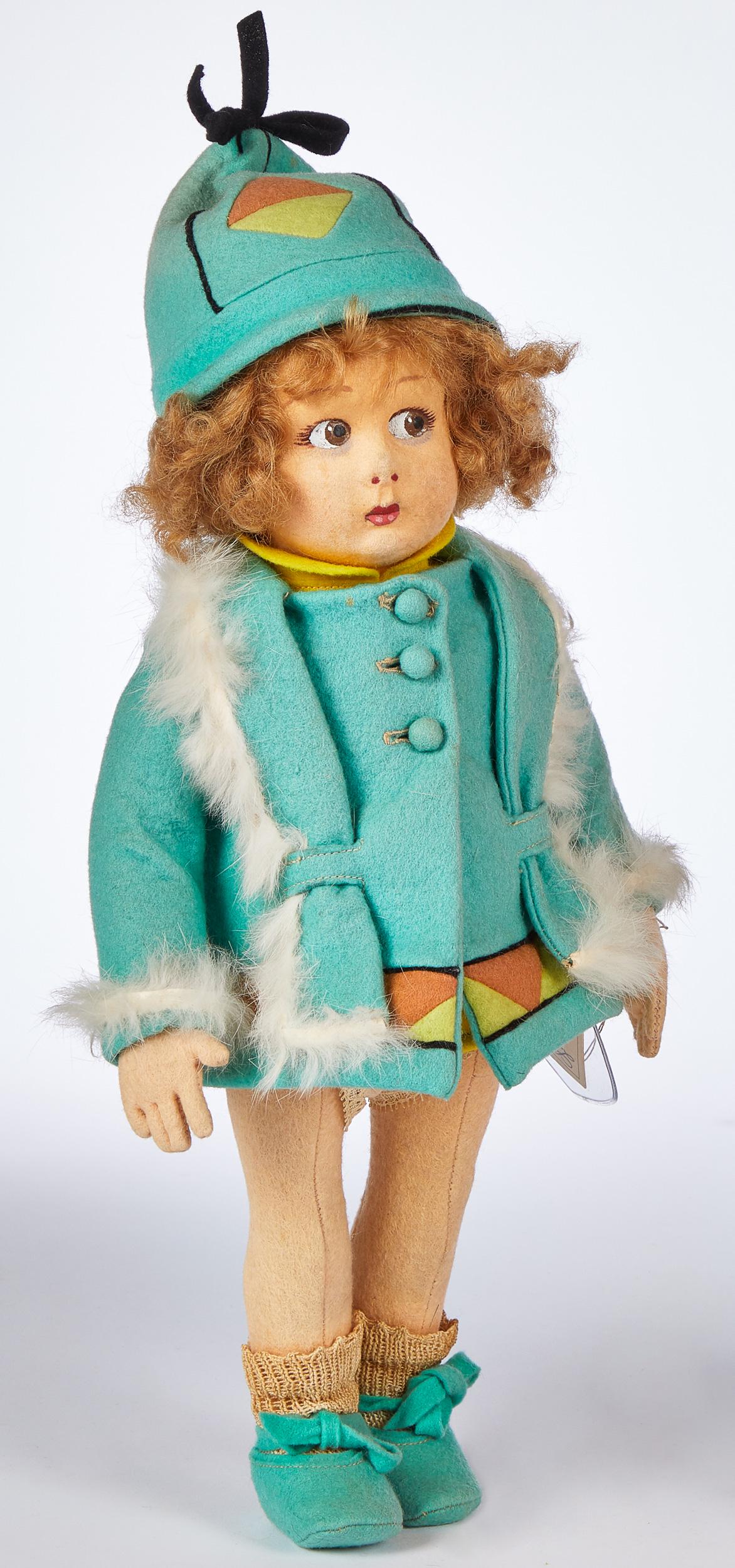 Lenci 111/19 felt doll: Lenci 111/19 felt doll, with stuffed torso, swivel head, painted side glancing eyes with lashes, closed mouth, with lower lip dots, dressed in a rabbit fur trimmed coat and matching hat and shoes, wit