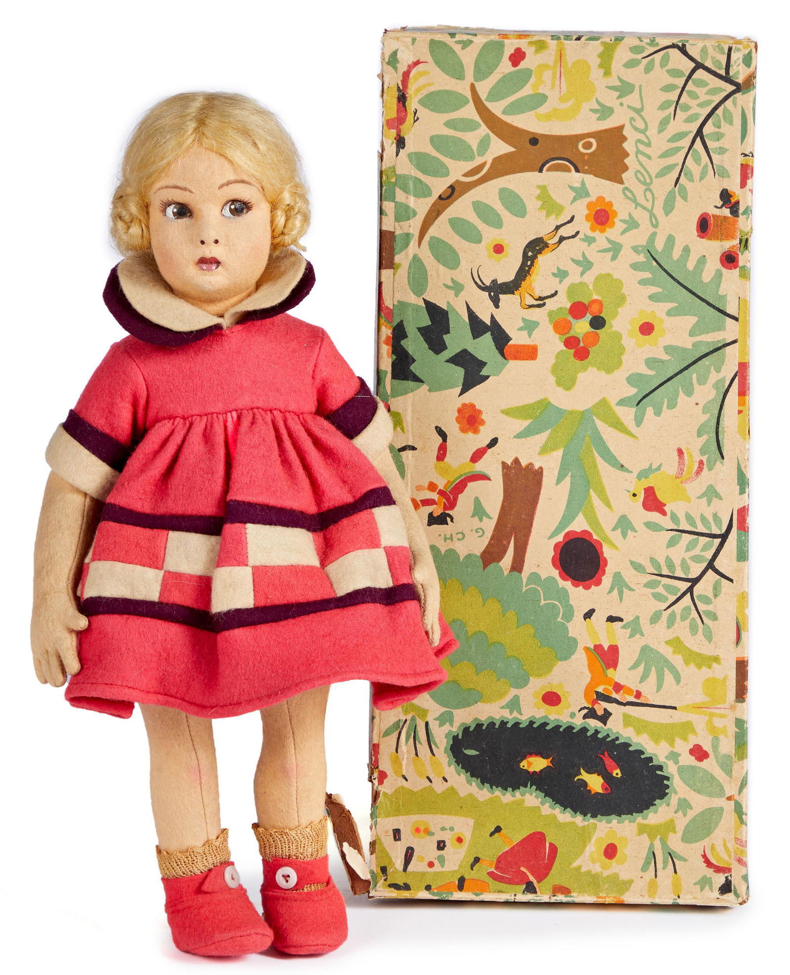 Lenci 450 felt doll: Lenci 450 felt doll, with a muslin stuffed torso, swivel head and painted side glancing eyes with lashes, closed mouth with double dot lower lip, dressed in a geometric design felt dress with organdy